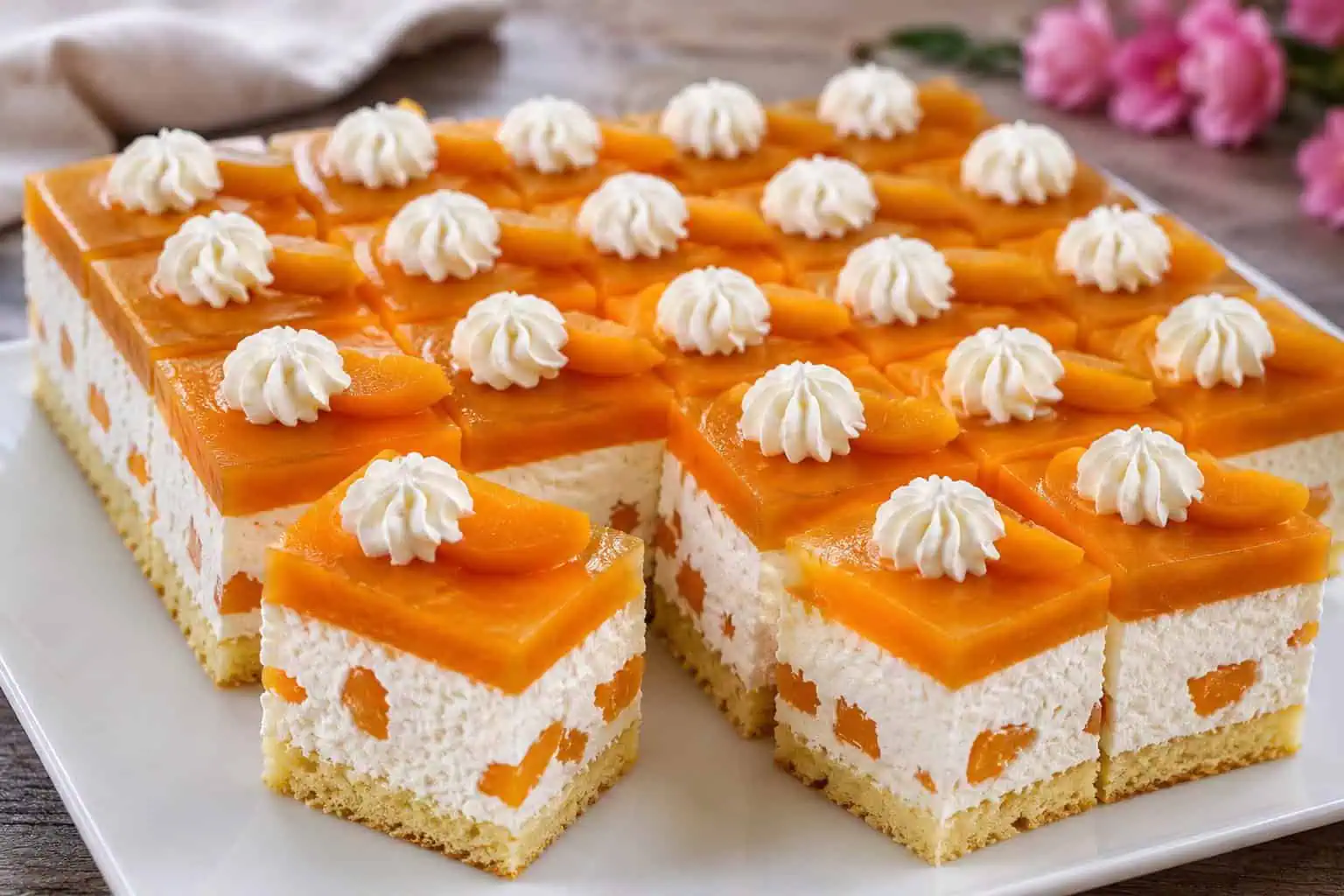 Broskyňový tvarohový zákusok: Jemný krém, šťavnaté broskyne a nádherná broskyňová vrstva!